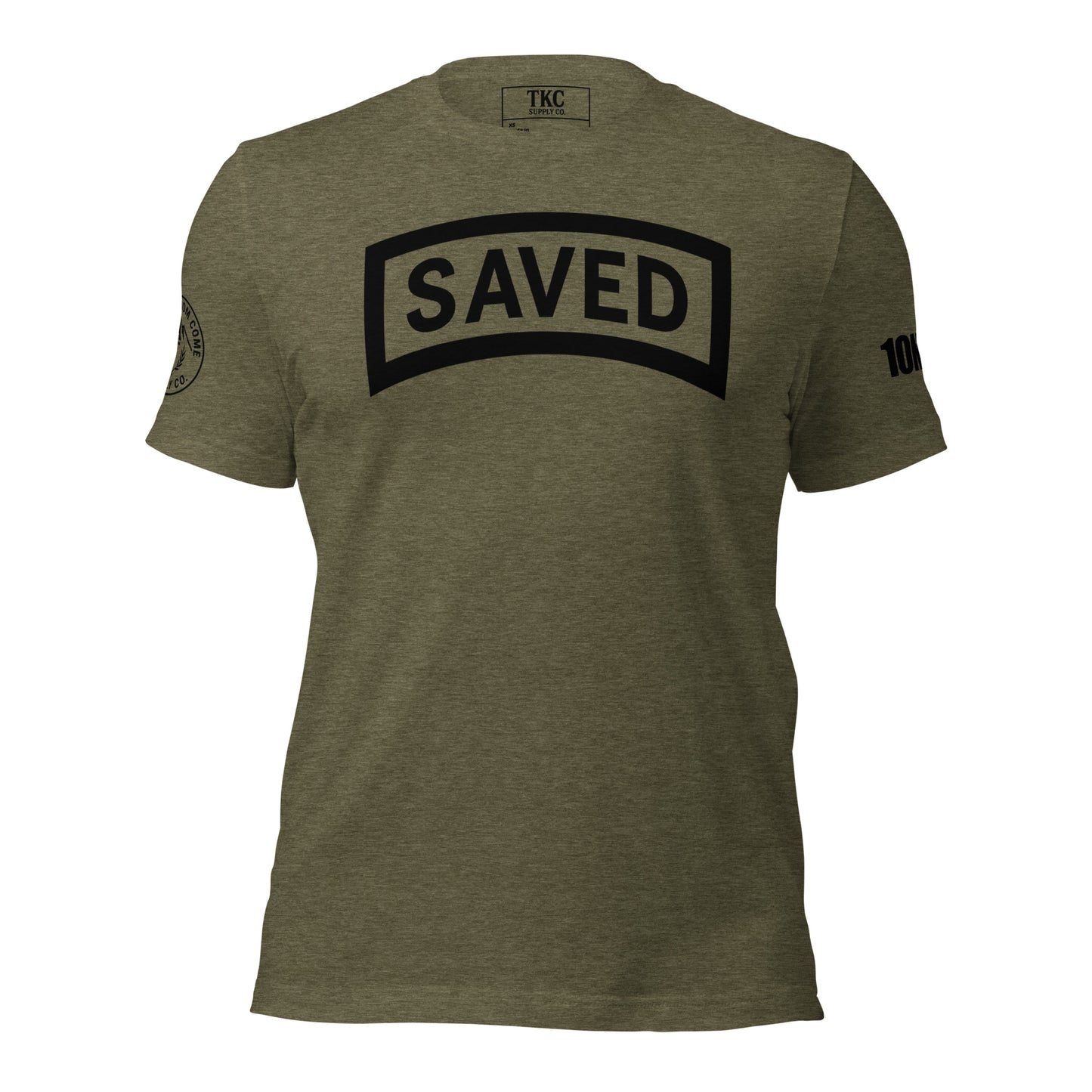 Front view of the SAVED Military Tab Tee by TKC Supply Co., Romans 10:9 Christian T-Shirt in heather olive green.