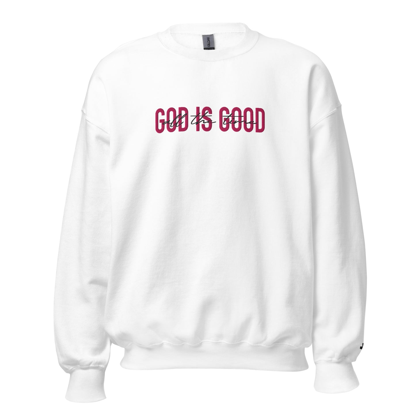 White “God Is Good” embroidered Christian sweatshirt with bold red lettering, faith-based apparel by Thy Kingdom Come Supply Co.