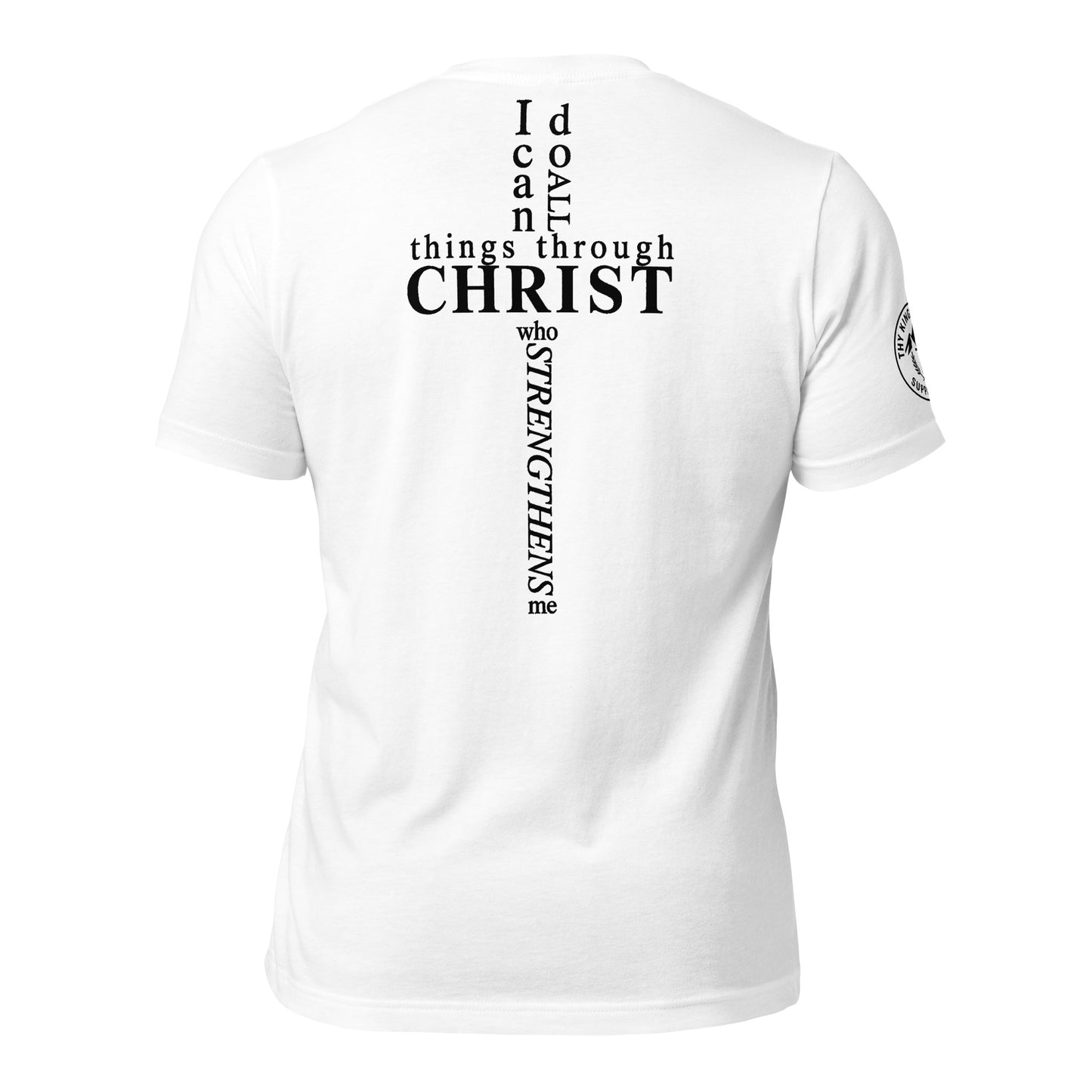 Back of white Philippians 4:13 tee with scripture arranged in cross shape