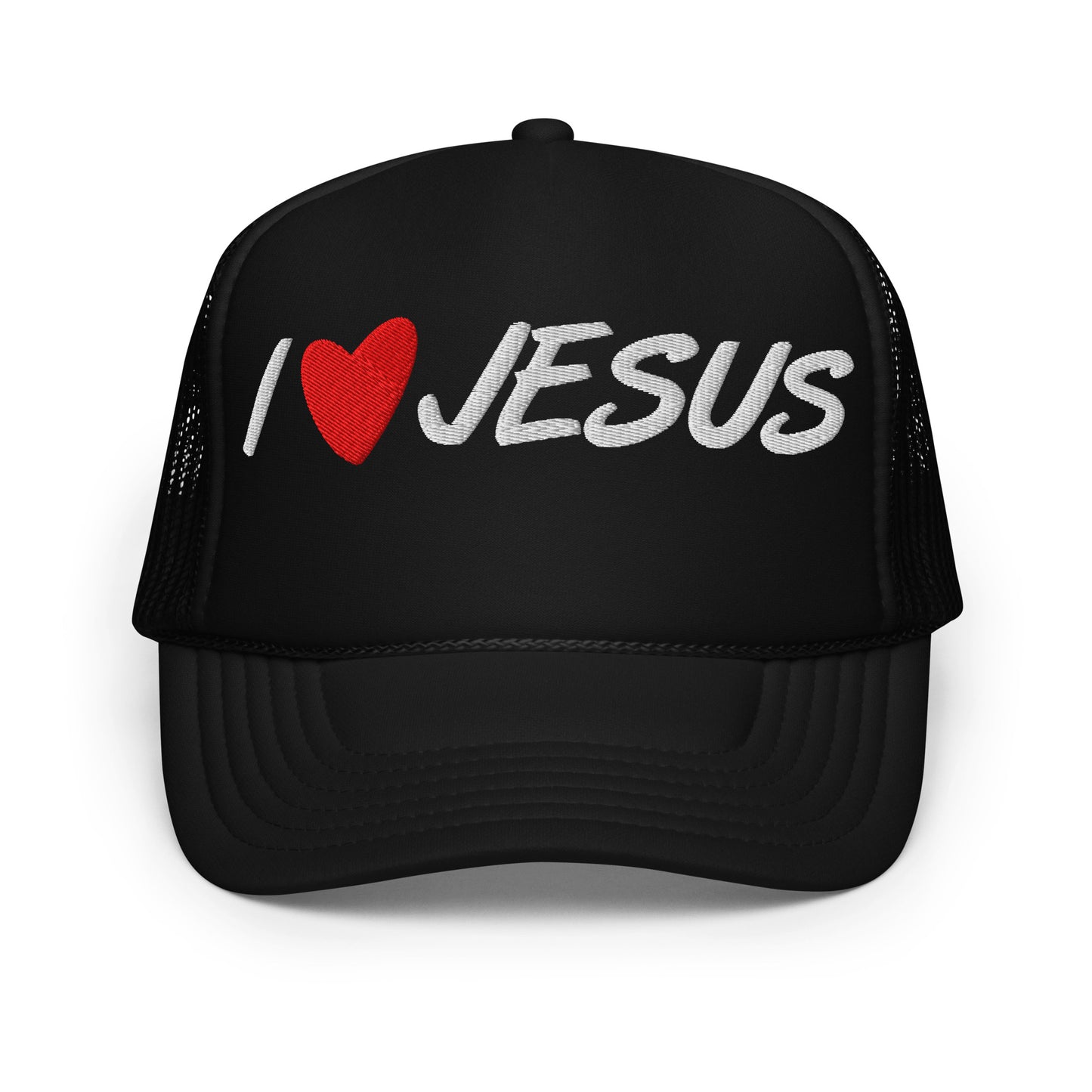 Black embroidered ‘I Love Jesus’ Christian trucker hat with red heart and white Jesus text, front view.