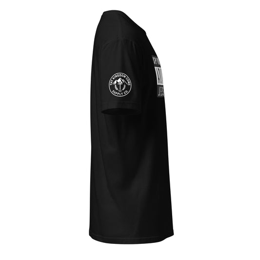 Side view of black tee with Spiritual Advisory inspired Gospel message