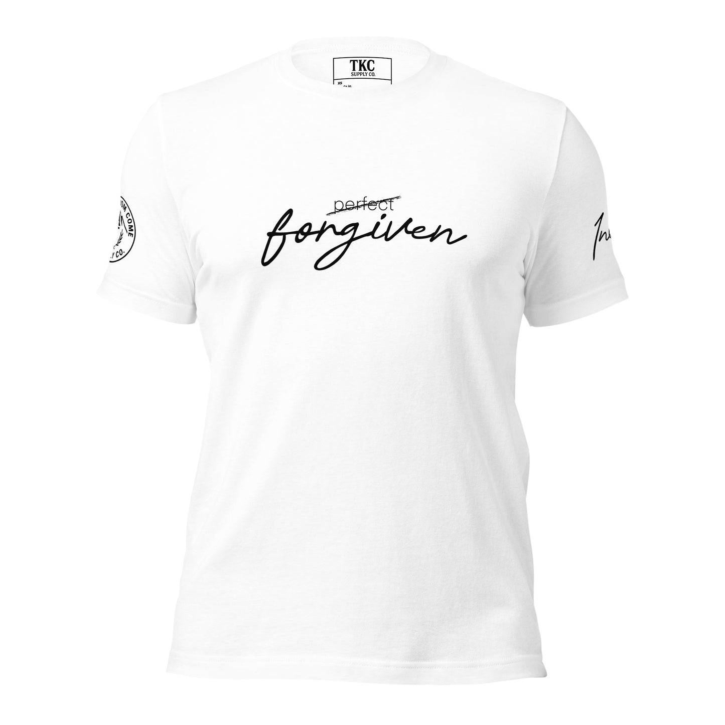 Front view of the Not Perfect, Forgiven Christian T-Shirt by Thy Kingdom Come Supply Co. in white.