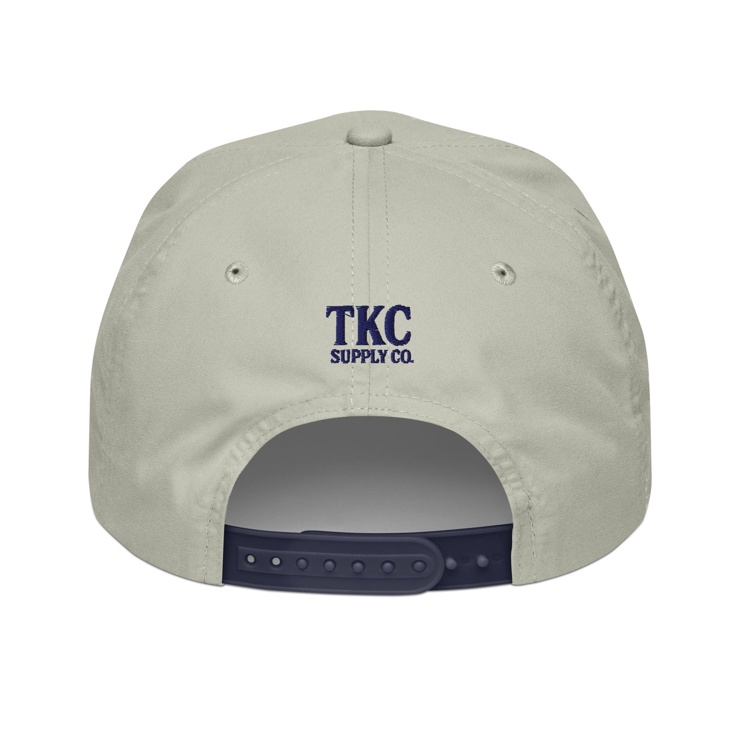 Back of khaki 10NINE rope hat with snapback closure