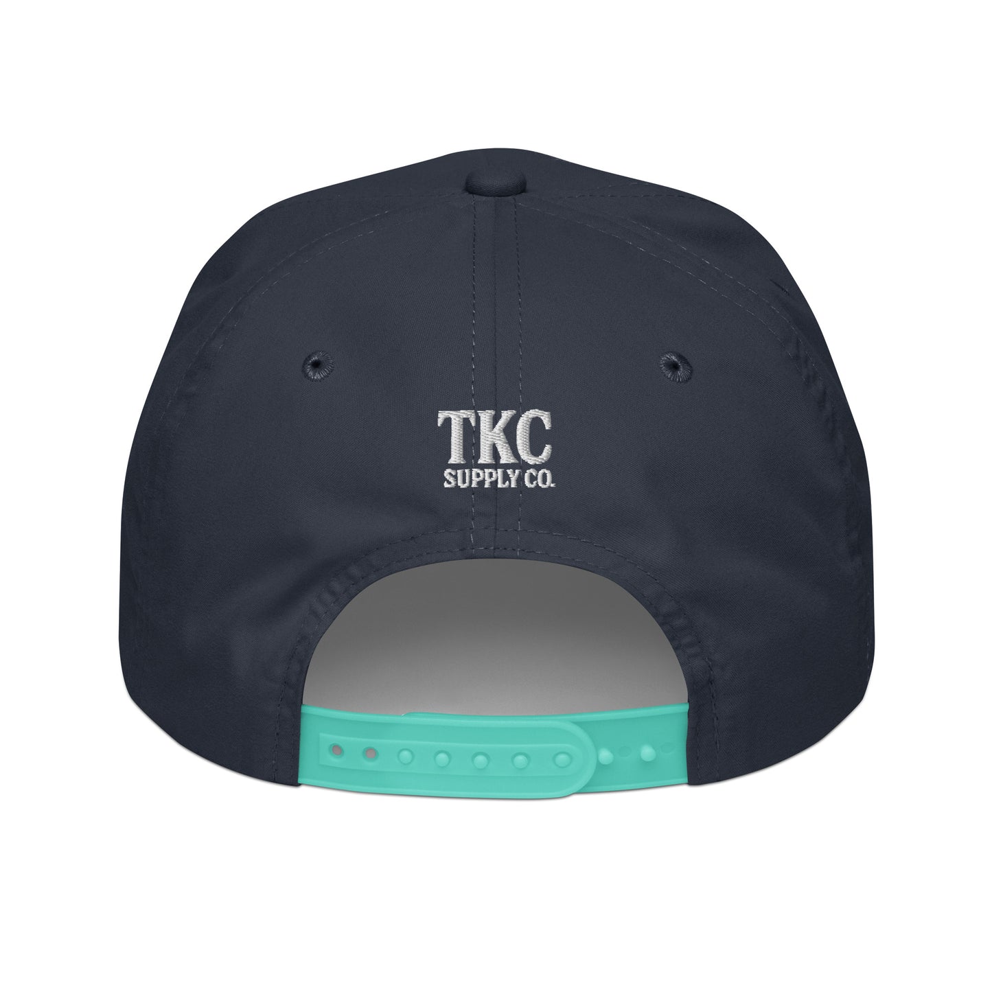 Back of navy 10NINE rope hat with snapback closure