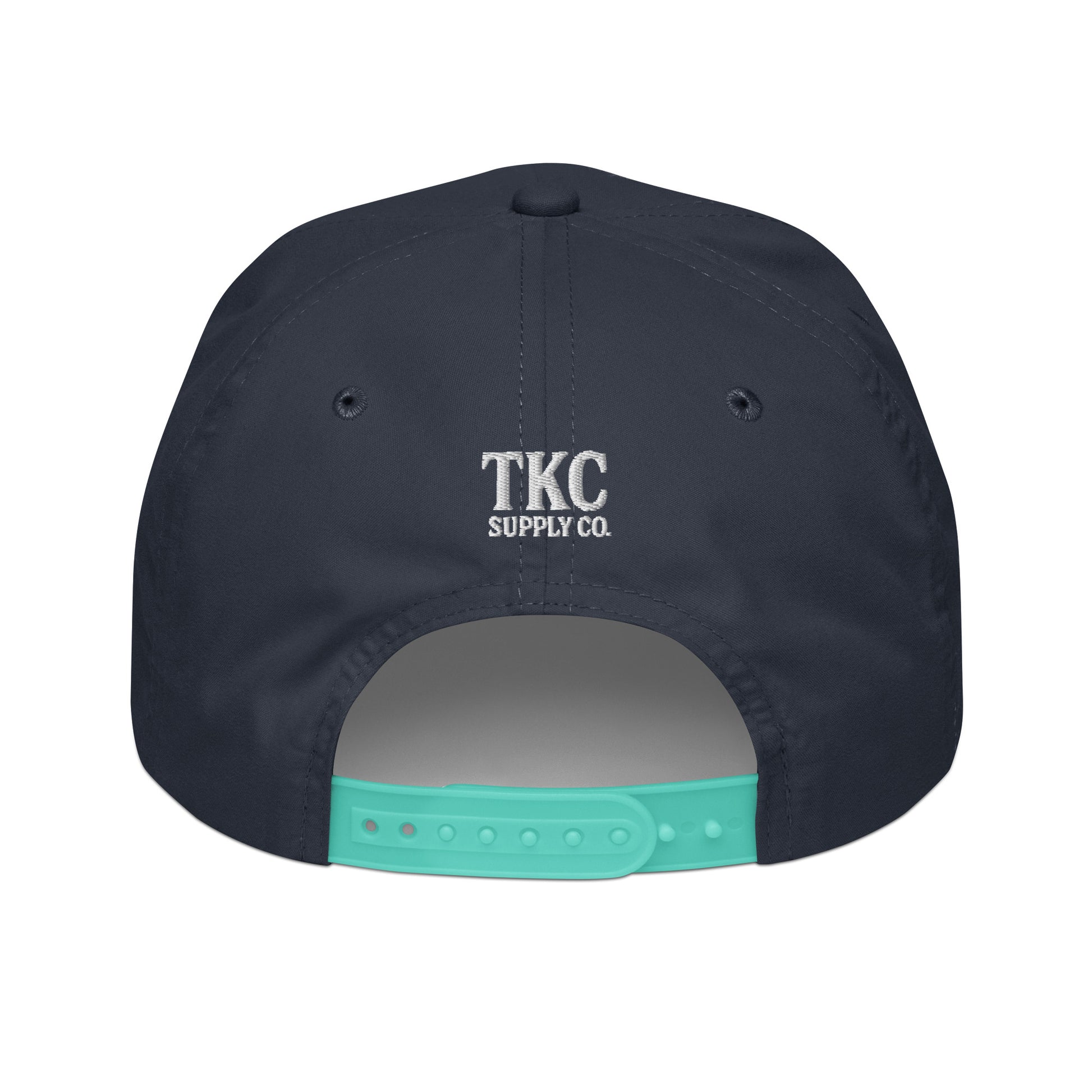 Back of navy 10NINE rope hat with snapback closure