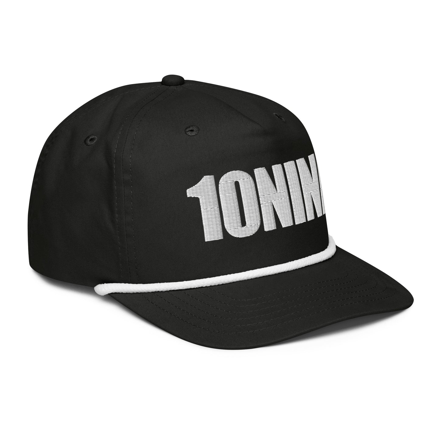 Black rope hat with 10NINE text embroidered on front, inspired by Romans 10:9