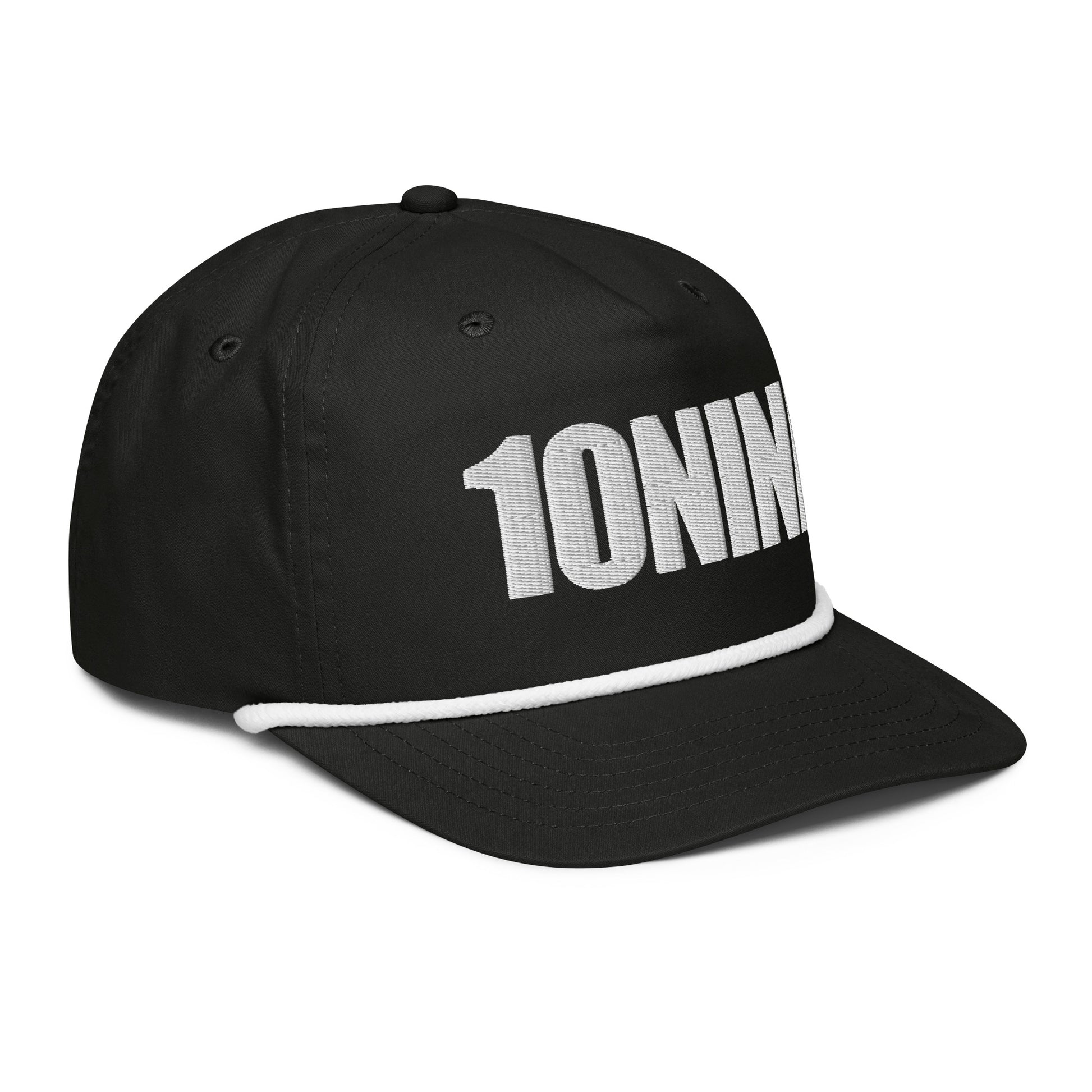 Black rope hat with 10NINE text embroidered on front, inspired by Romans 10:9