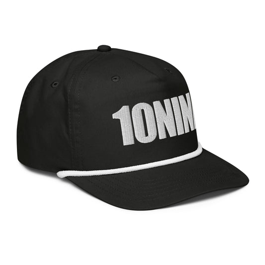 Black rope hat with 10NINE text embroidered on front, inspired by Romans 10:9