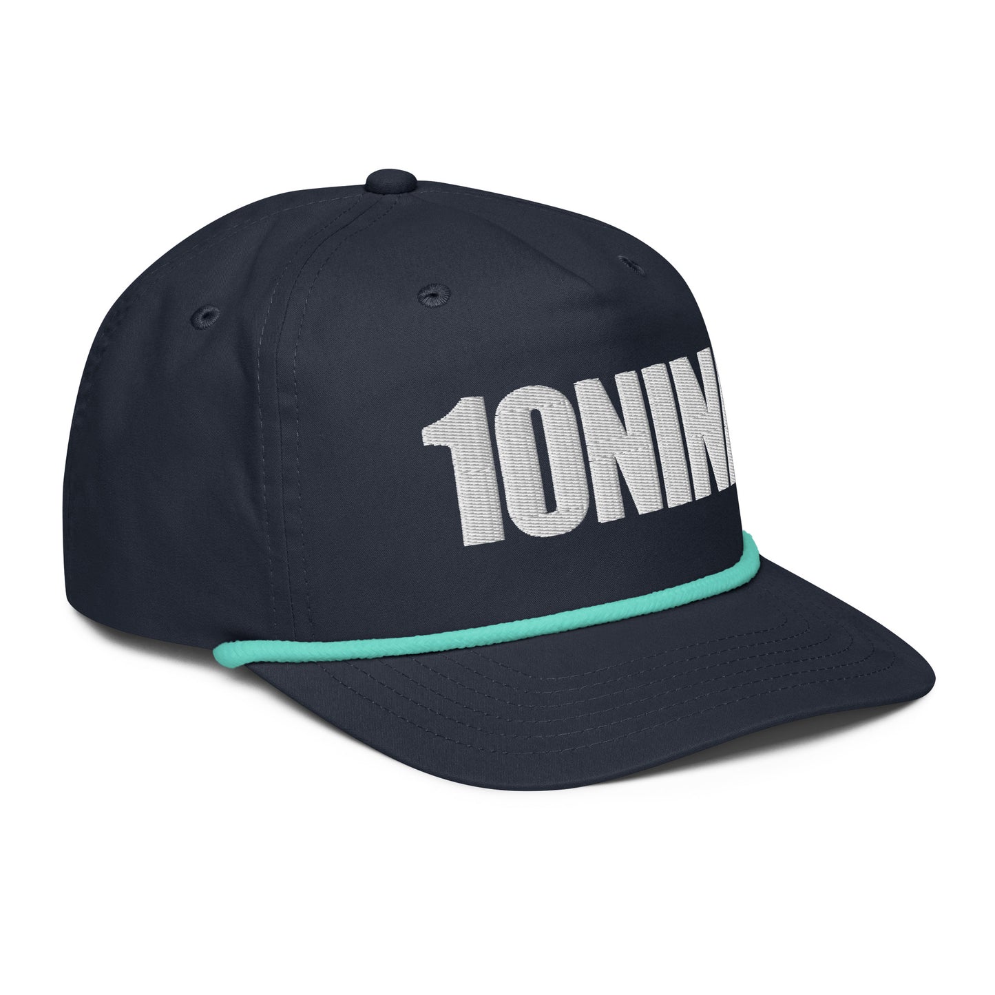 Navy rope hat with 10NINE text embroidered on front, inspired by Romans 10:9
