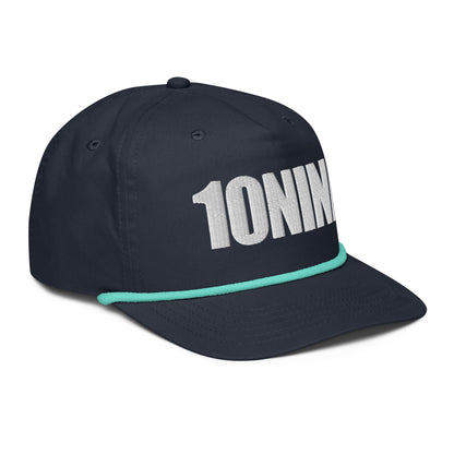 Navy rope hat with 10NINE text embroidered on front, inspired by Romans 10:9