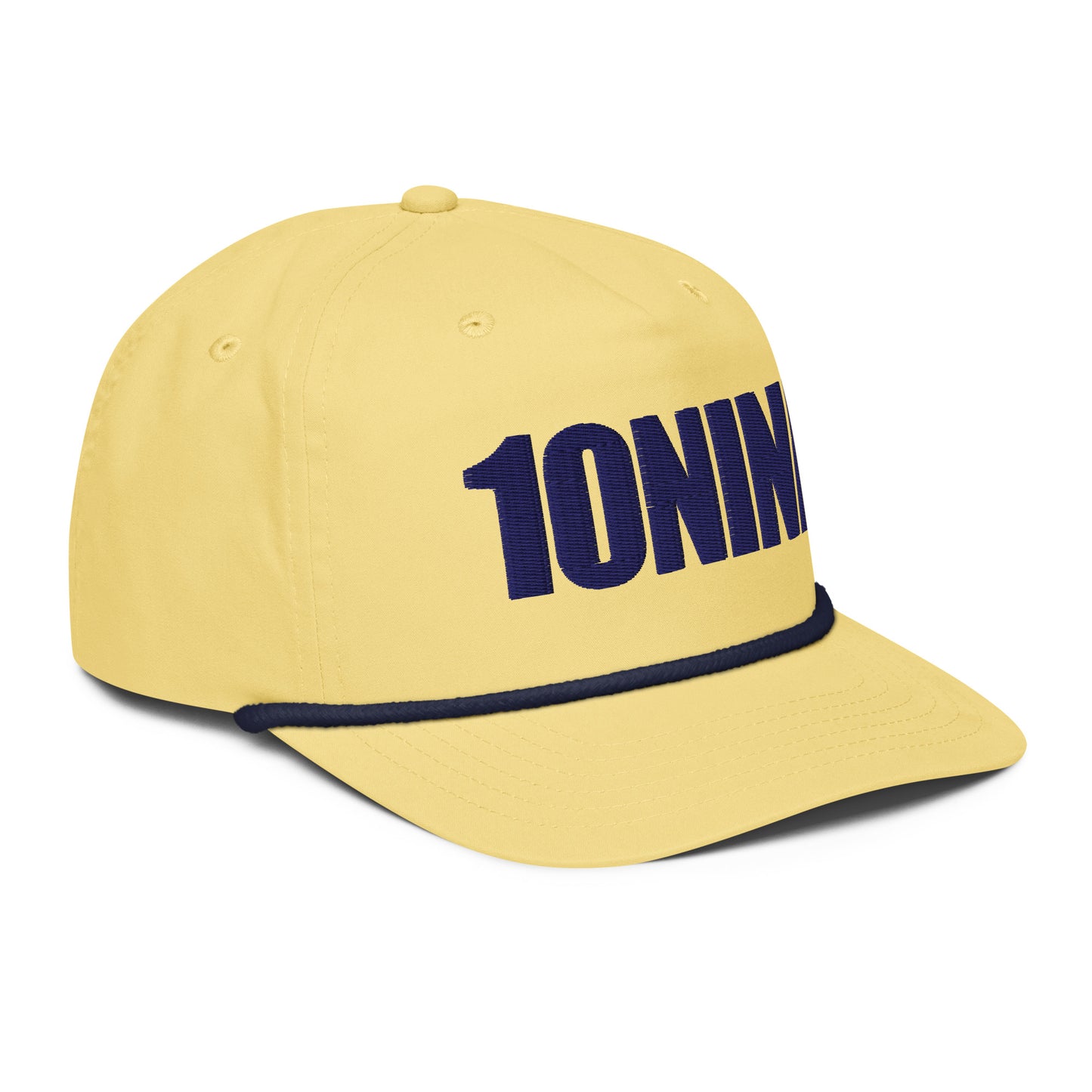 Yellow rope hat with 10NINE text embroidered on front, inspired by Romans 10:9