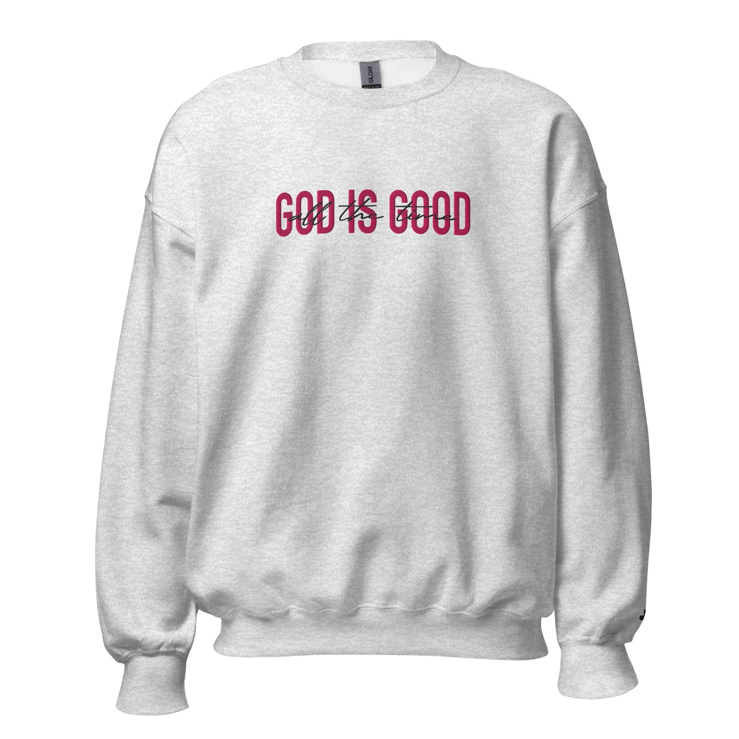 Grey “God Is Good” embroidered Christian sweatshirt with bold red lettering, faith-based apparel by Thy Kingdom Come Supply Co.