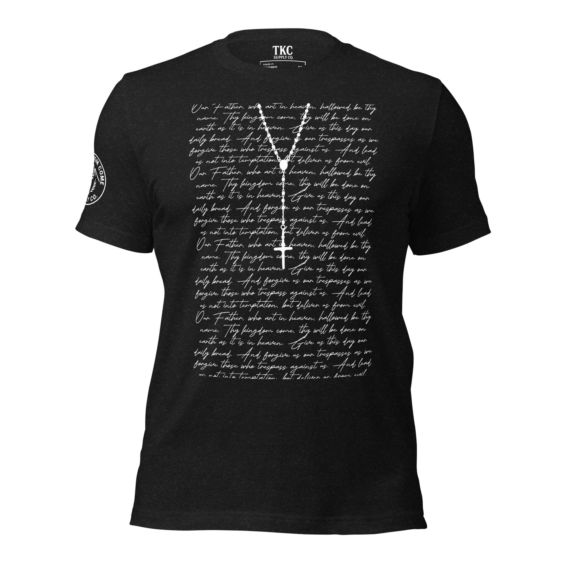 Black Christian t-shirt with handwritten Lord’s Prayer background and rosary design by Thy Kingdom Come Supply Co.