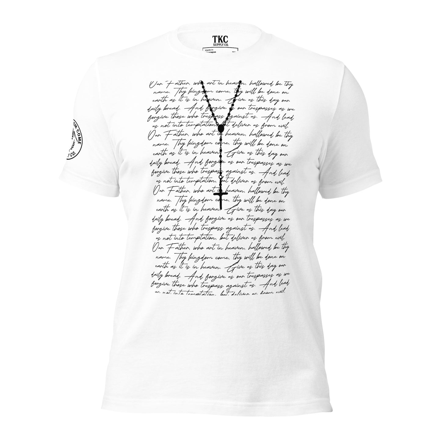 White Christian t-shirt with handwritten Lord’s Prayer background and rosary design by Thy Kingdom Come Supply Co.