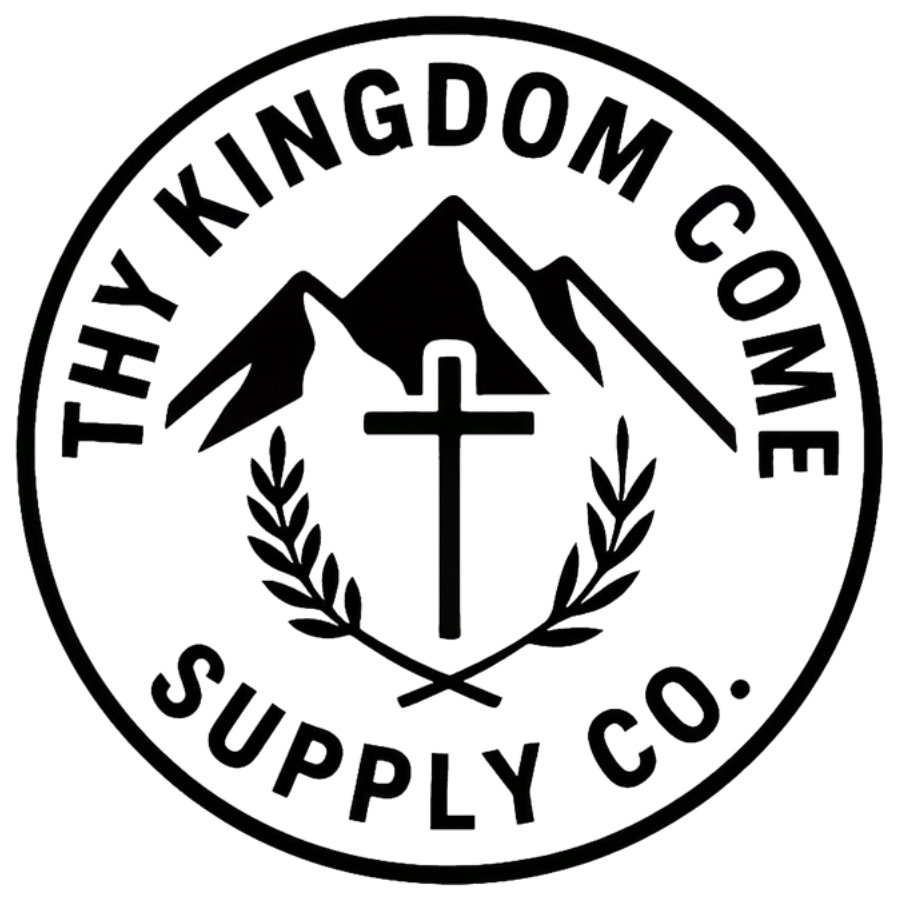 Circular logo for Thy Kingdom Come Supply Co. featuring a mountain silhouette, a cross in the center, and laurel branches beneath, with the company name around the border.