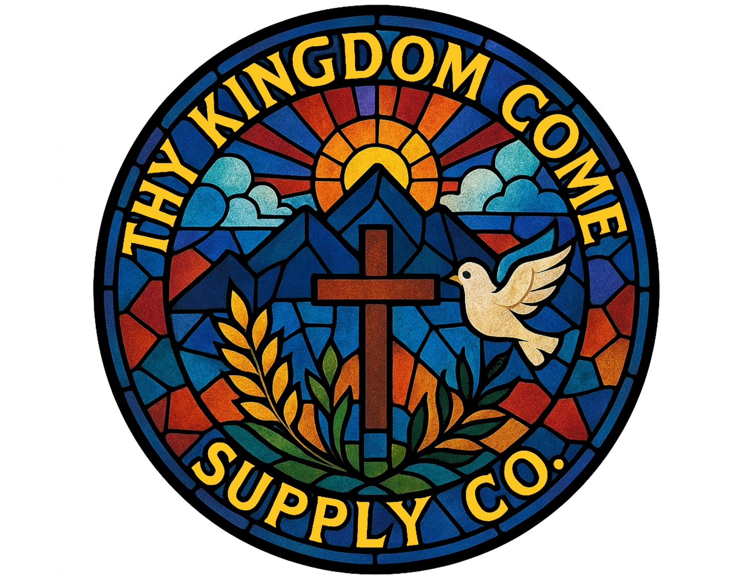 Stained glass window Logo of Thy Kingdom Come Supply Co. with cross, dove, and colorful design.