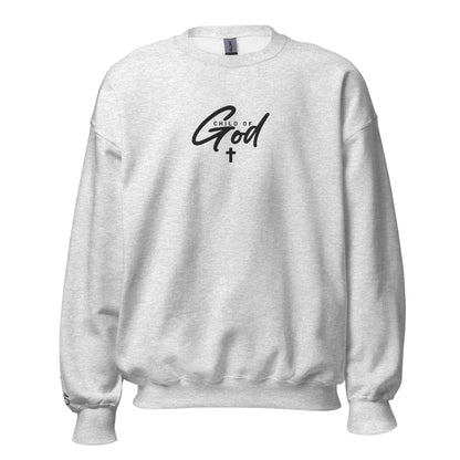 Front view of ash grey Child of God embroidered crewneck sweatshirt from the ONE12 Collection by TKC Supply Co., featuring John 1:12