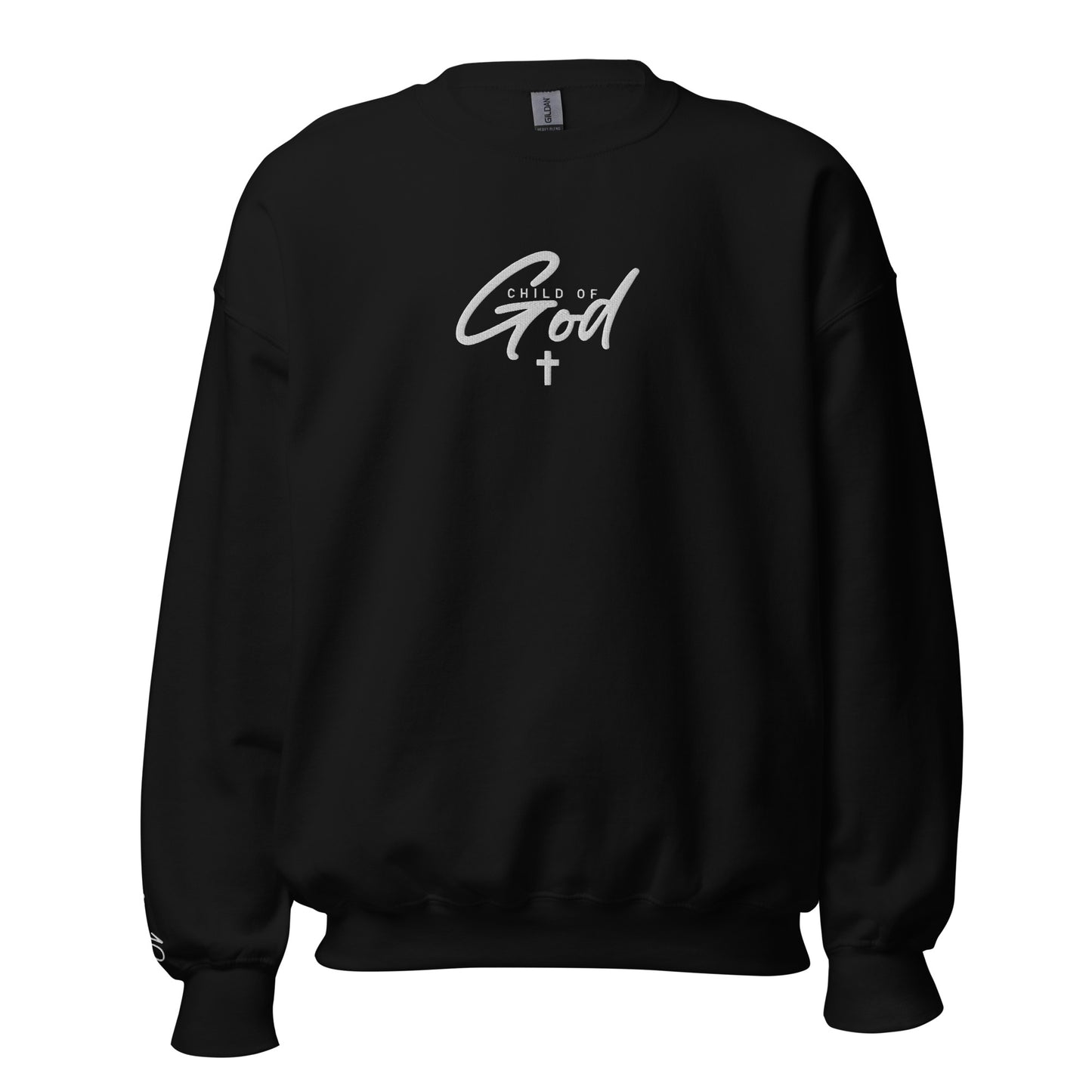 Front view of black Child of God embroidered crewneck sweatshirt from the ONE12 Collection by TKC Supply Co., featuring John 1:12