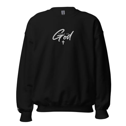 Front view of black Child of God embroidered crewneck sweatshirt from the ONE12 Collection by TKC Supply Co., featuring John 1:12