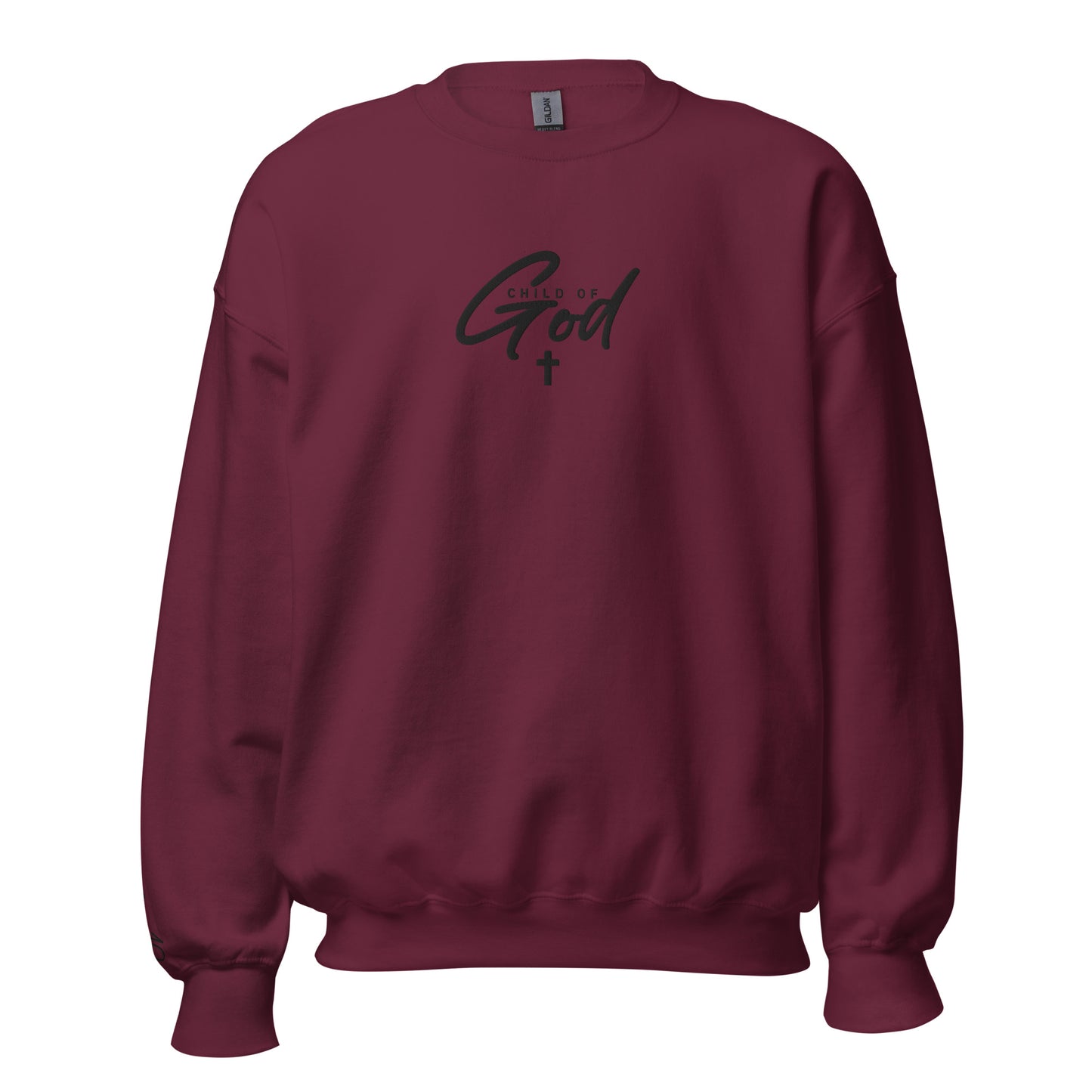 Front view of maroon Child of God embroidered crewneck sweatshirt from the ONE12 Collection by TKC Supply Co., featuring John 1:12