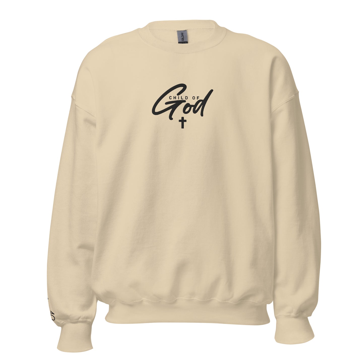 Front view of sand cream Child of God embroidered crewneck sweatshirt from the ONE12 Collection by TKC Supply Co., featuring John 1:12