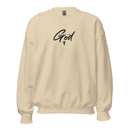 Front view of sand cream Child of God embroidered crewneck sweatshirt from the ONE12 Collection by TKC Supply Co., featuring John 1:12