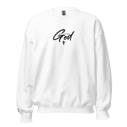 Front view of white Child of God embroidered crewneck sweatshirt from the ONE12 Collection by TKC Supply Co., featuring John 1:12
