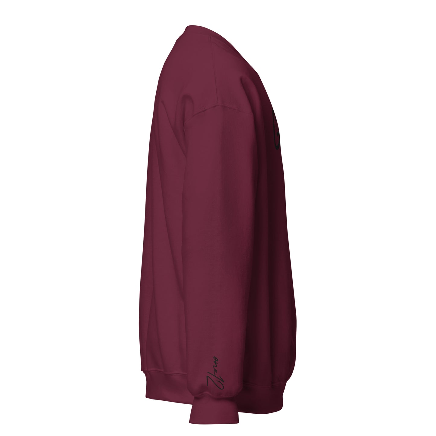 Right side view of maroon Child of God embroidered crewneck sweatshirt with cursive one12 wrist embroidery, inspired by John 1:12