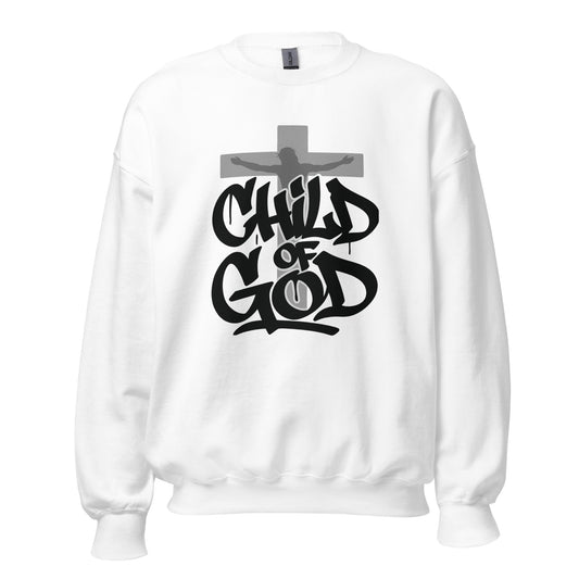 White Christian sweatshirt with graffiti-style Child of God text and cross silhouette