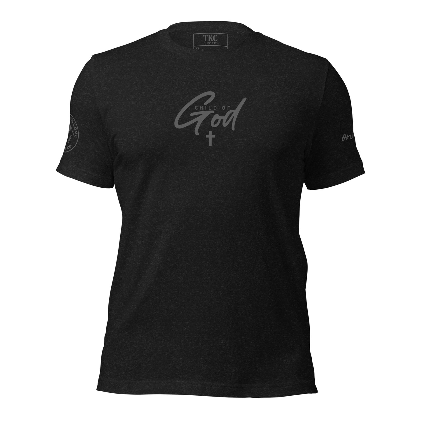 Black “Child of God” Christian T-shirt with cross design, inspired by John 1:12 front view