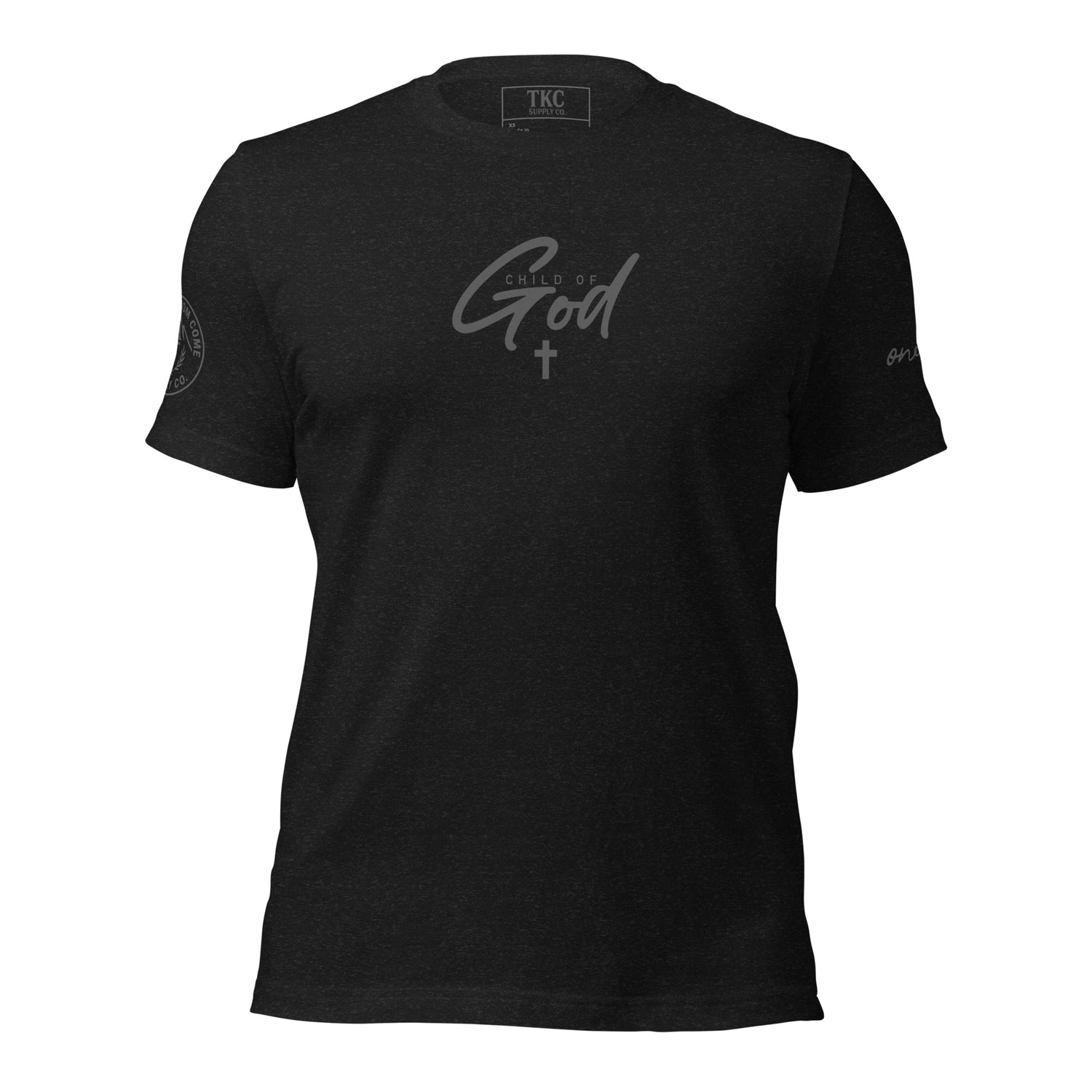 Black “Child of God” Christian T-shirt with cross design, inspired by John 1:12 front view