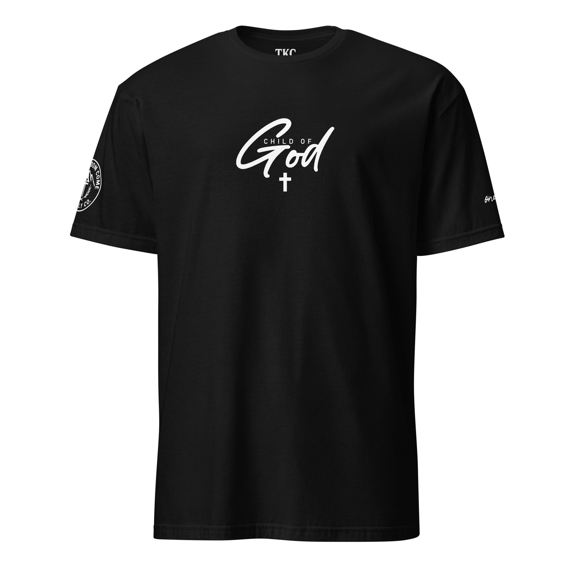 Black “Child of God” Christian T-shirt with cross design, inspired by John 1:12 front view