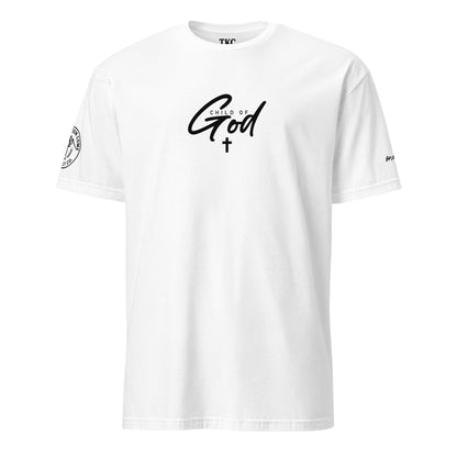 White “Child of God” Christian T-shirt with cross design, inspired by John 1:12 front view