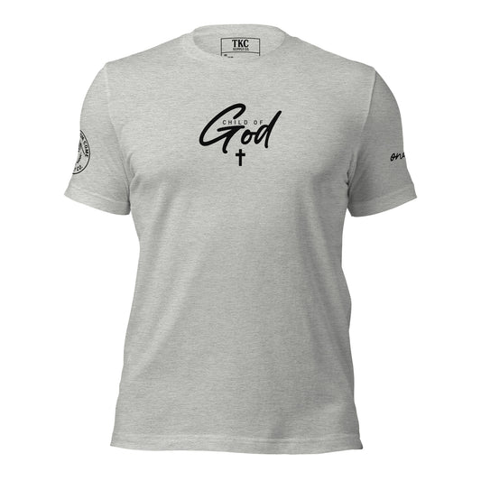 Grey “Child of God” Christian T-shirt with cross design, inspired by John 1:12 front view