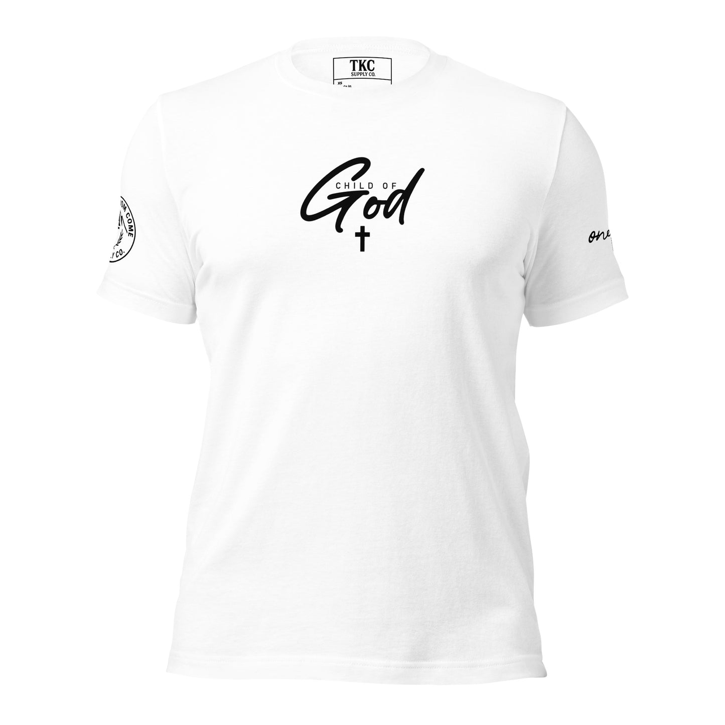 White “Child of God” Christian T-shirt with cross design, inspired by John 1:12.
