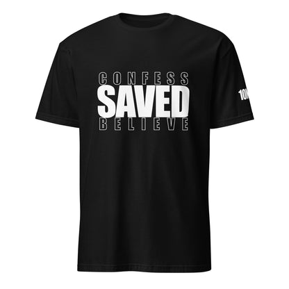Front of black Christian t-shirt with Confess Believe Saved text inspired by Romans 10:9