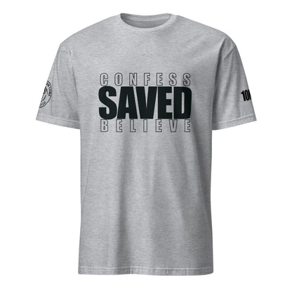 Front of grey Christian t-shirt with Confess Believe Saved text inspired by Romans 10:9