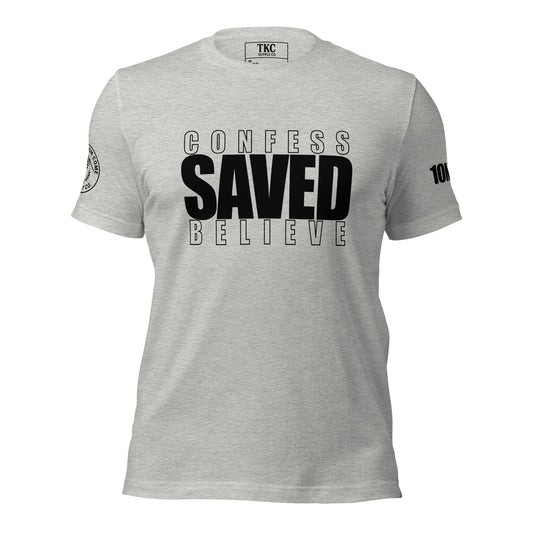 Front of grey Christian t-shirt with Confess Believe Saved text inspired by Romans 10:9