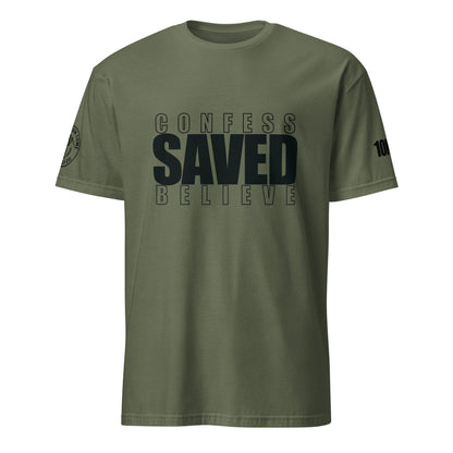 Front of military green Christian t-shirt with Confess Believe Saved text inspired by Romans 10:9