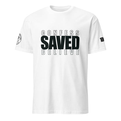 Front of white Christian t-shirt with Confess Believe Saved text inspired by Romans 10:9