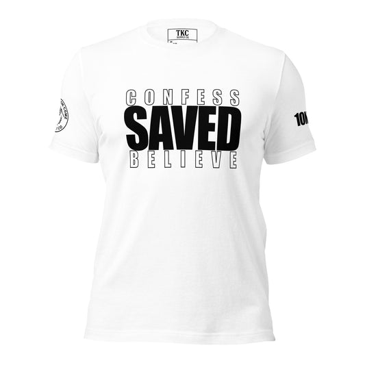 Front of white Christian t-shirt with Confess Believe Saved text inspired by Romans 10:9