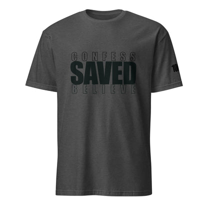 Front of dark heather grey Christian t-shirt with Confess Believe Saved text inspired by Romans 10:9