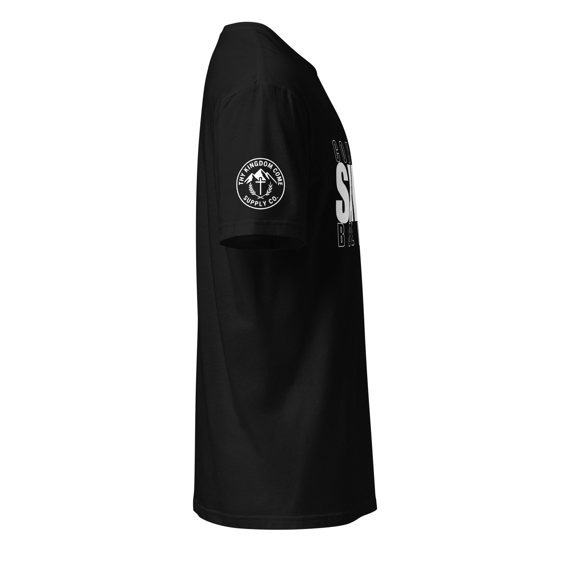 Side view of black faith-based tee with TKC Supply Co. logo