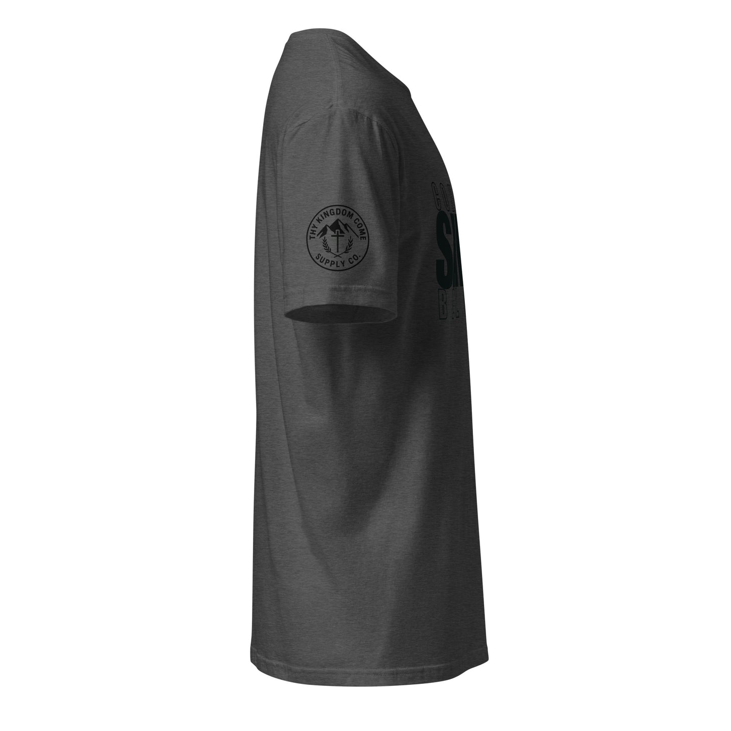 Side view of dark heather grey faith-based tee with TKC Supply Co. logo