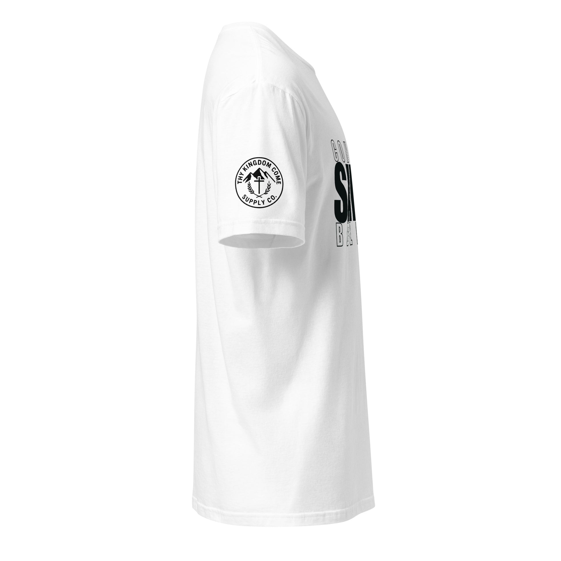 Side view of white faith-based tee with TKC Supply Co. logo