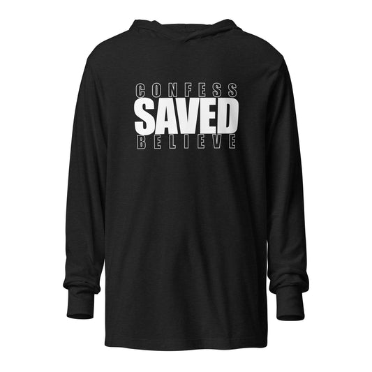 Front of black Christian hooded long sleeve tee with Confess Believe SAVED text design