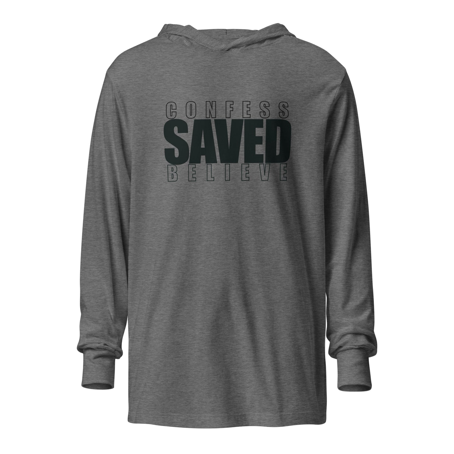 Front of grey Christian hooded long sleeve tee with Confess Believe SAVED text design