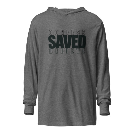 Front of grey Christian hooded long sleeve tee with Confess Believe SAVED text design
