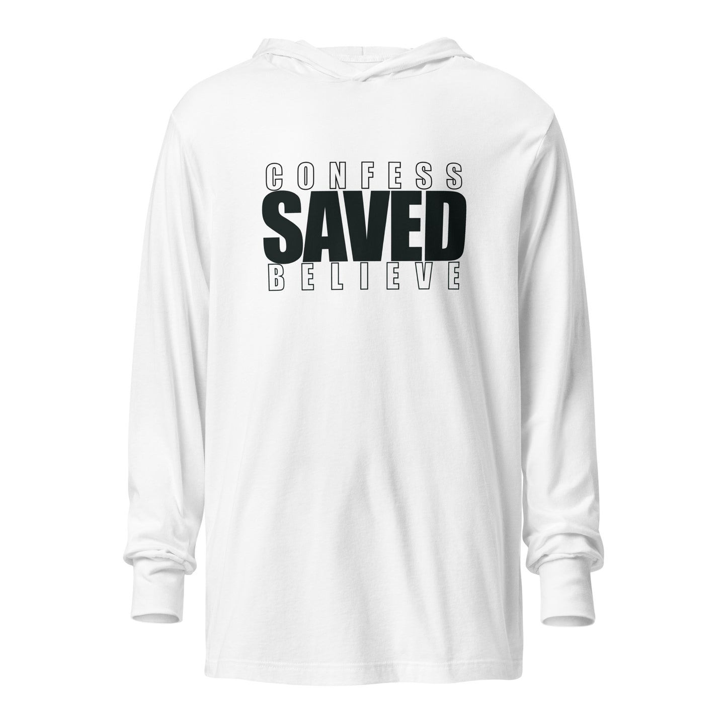 Front of white Christian hooded long sleeve tee with Confess Believe SAVED text design