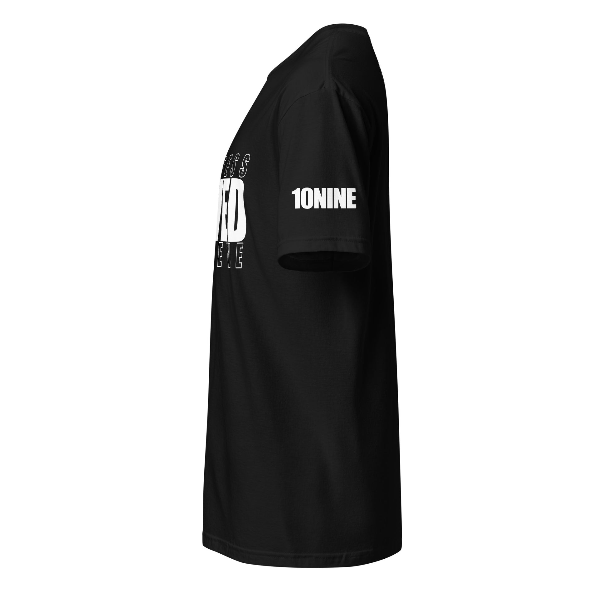 Side view showing 10NINE logo on left sleeve of black Christian shirt